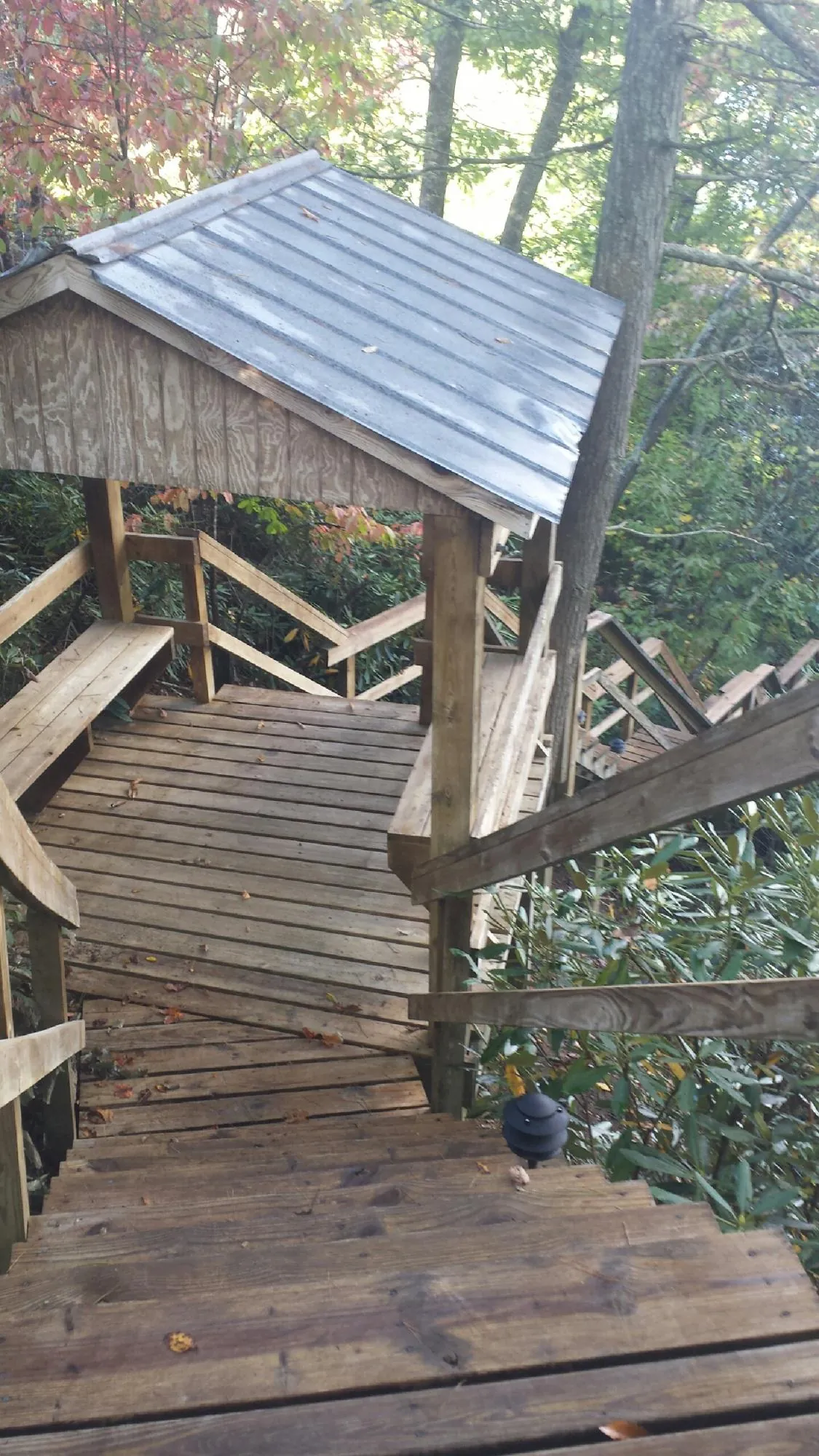 Metal roofed shelter over wooden steps on a wooded walkway — Skylight Repair & Installation work by our crew in Scotia